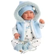 Kép 5/5 - Llorens: Tino 44cm-es síró baba kapucnis kék mellényben (84439)