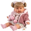 Kép 2/4 - Llorens: Alexandra 42cm-es síró baba cumival rózsaszín kötött kabátban és virágos szoknyában
