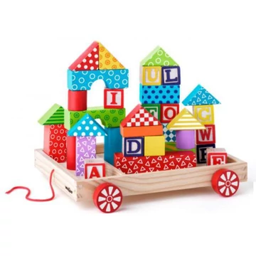 Fa ABC húzós kocsi építőkockákkal és betűkockákkal