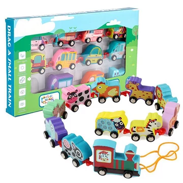 Színes húzható fa állatos vonat szett