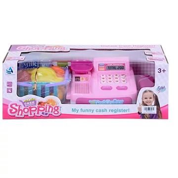 Rózsaszín elektronikus pénztárgép számoló funkcióval, áruval és bevásárlókosárral