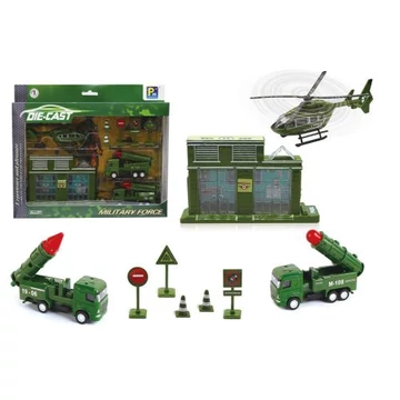Nagy katonai játékszett járművekkel és épülettel