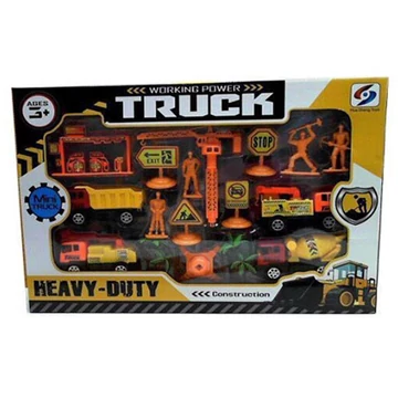 Építőipari játékszett járművekkel, figurákkal és táblákkal