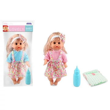 Pisilő baba virágos szoknyában kiegészítőkkel 30cm