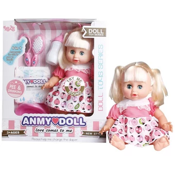 Szőke hajú pisilős baba hanggal, katicás ruhában