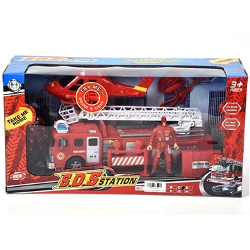 Tűzoltóautó és helikopter fénnyel, hanggal és figurákkal