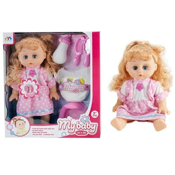 Világos barna hajú pisilős baba hanggal, bilivel és kiegészítőkkel