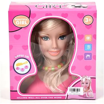 Szőke hajú fésülhető babafej fésűvel és nyaklánccal