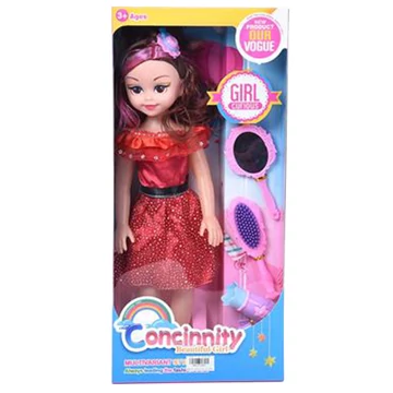 Divatbaba piros színű ruhában fésűvel és hang effektekkel 46cm