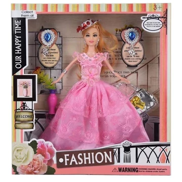 Fashion divatbaba kalappal, rózsaszín báli ruhában kiegészítőkkel 29cm