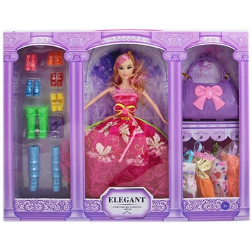 Divatbaba szett színes ruhaszettel és cipőkkel