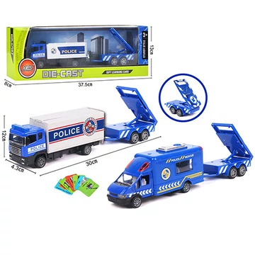 Fém rendőrautó modell vontatmánnyal és járműves kártyákkal 30cm háromféle változatban