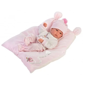Llorens: Bimba újszülött lány baba párnával, kötött sapkával 35cm (63556)
