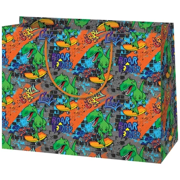 Gördeszkázó T-Rex közepes méretű ajándéktáska 18x10x23cm