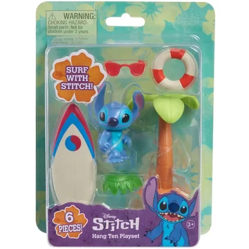 Stitch játékfigura szörfdeszkával és pálmafával