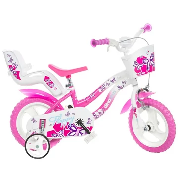 Flappy 12” gyerek bicikli kosárral és babaüléssel rózsaszín-fehér színben - Dino Bikes kerékpár