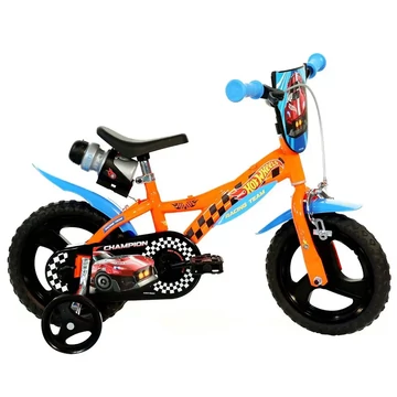 Hot Wheels 12” gyerek bicikli kulacstartóval és oldalkerekekkel narancssárga-fekete színben – Dino Bikes kerékpár