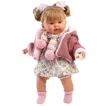 Llorens: Alexandra 42cm-es síró baba cumival rózsaszín kötött kabátban és virágos szoknyában