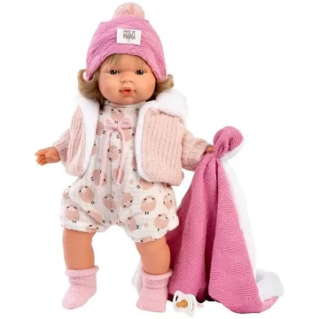 Llorens: Lola 38cm-es síró baba cumival rózsaszín takaróval