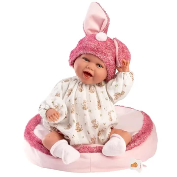 Llorens: Mimi 42cm-es mosolygós baba nyuszifüles rózsaszín sapkában párnával