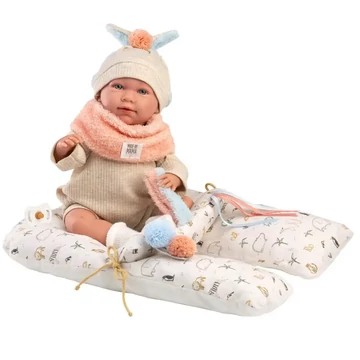 Llorens: Mimi 42cm-es síró baba füles sapkában párnával