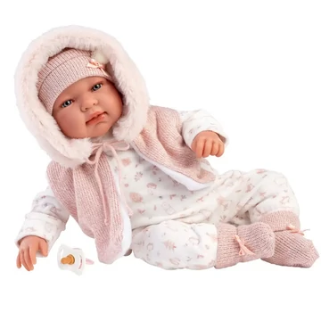 Llorens: Tina 44cm-es újszülött baba rózsaszín kapucnis mellényben