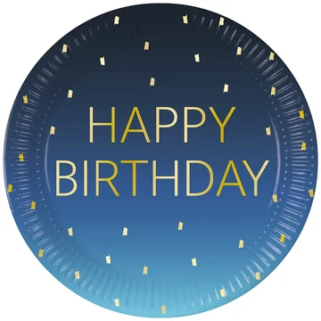Kék színű szülinapi "Happy Birthday" feliratú papírtányér 8db-os szett 23cm
