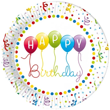 Színes szülinapos „Happy Birthday” feliratú papírtányér 8db-os szett
