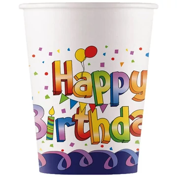 Szivárványos szülinapi "Happy Birthday" feliratú papírpohár 8db-os szett 200ml