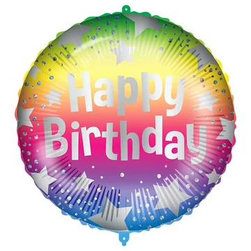 Szülinapi fólia lufi – „Happy Birthday” felirattal, szivárványszínű csillagos mintával 46cm