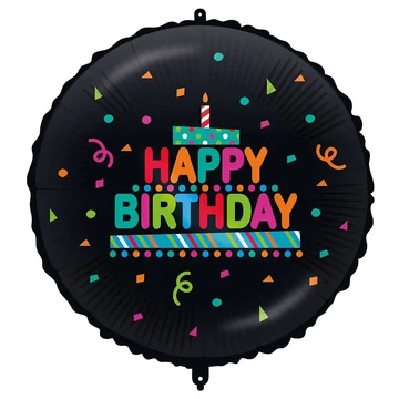 Szülinapi fólia lufi – „Happy Birthday” felirattal, tortás-konfettis, fekete alapon 46cm