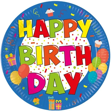 Vidám szülinapos "Happy Birthday" feliratú partitányér 8db-os szett