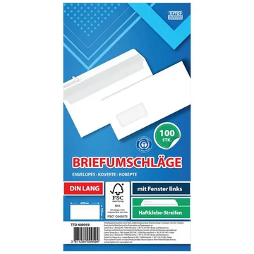 Spirit: Fehér bal ablakos boríték LA/4 11x23cm 100db-os csomag