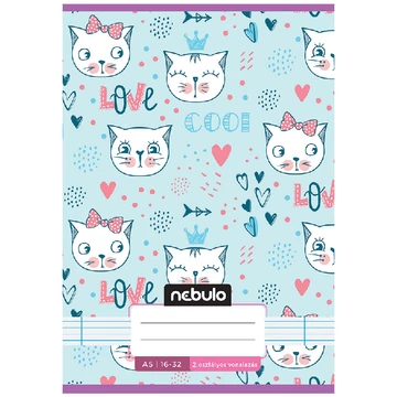 Nebulo: Tűzött 2. osztályos pasztell kék alapon cica mintás vonalas füzet 16-32 A/5