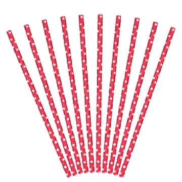 Party papír szívószál piros-fehér színben pöttyös mintával 10db-os kiszerelésben