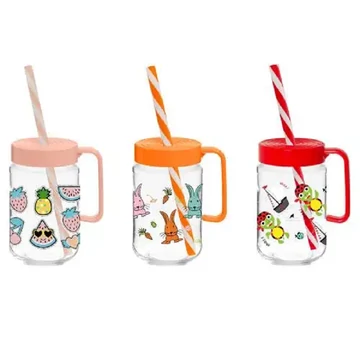 Üvegpohár tetővel+szívószállal 370ml figurás SO196