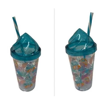 Műanyag pohár tetővel + szívószál leveles 660ml SO521