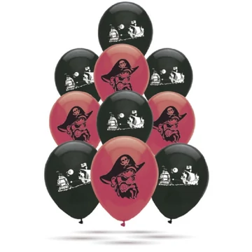 Piros-fekete kalózos party lufi 10db-os kiszerelésben