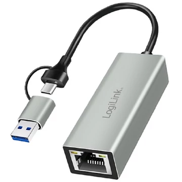 Logilink USB-C   Gigabit Ethernet adapter 2 az 1-ben USB-csatlakozással, szürke