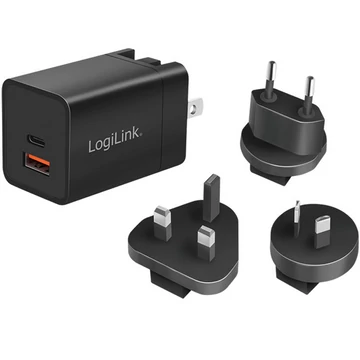 Logilink USB utazási töltő, GaN, 2 port, USB-AF és USB-CF, 30 W, PD-vel