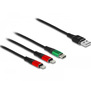 Delock 30 cm hosszú, USB töltő kábel 3 az 1 A-típusú apa 2 x Lightning -, es USB Type-C  csatlakozáshoz
