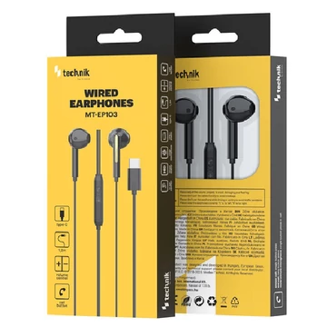 Technik Fülhallgató Plastic EP103 Type-C +controller 1,2m Fekete