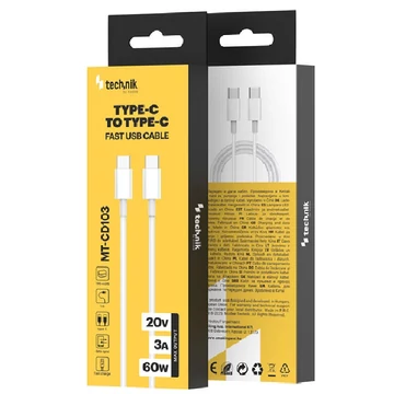 Technik Töltő-és Adatkábel TPE+ABS USB-C / USB-C 60W 20V3A 1m fehér