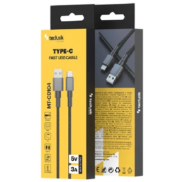 Technik Töltő-és Adatkábel Braided USB-A / USB-C 5V 3A 1m Fekete MT-CD104