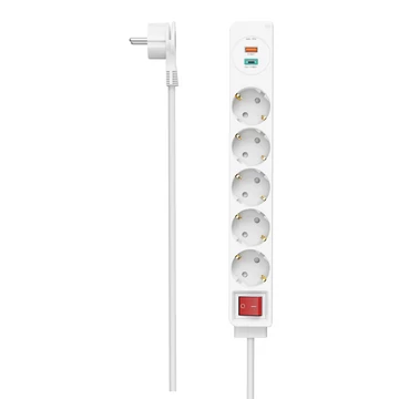 Hama hálózati elosztó, 5-ös, +usb c+usb a 18 w, pd/qc, kapcsolós, 1,4 m, fehér, fip (223186)