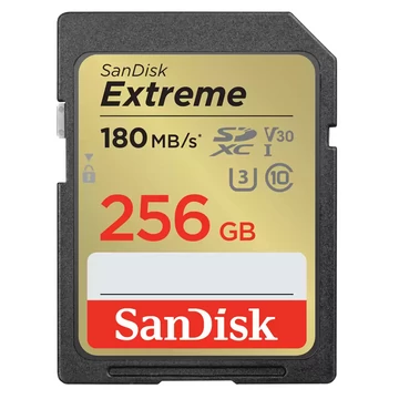 Sandisk sdxc extreme kártya 256gb, 180/130 mb/s , uhs-i, class 10, u3, v30 (121581)