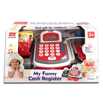 Elektronikus piros-fehér pénztárgép kosárral és kiegészítőkkel