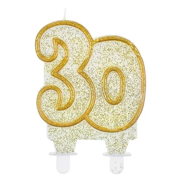 Fehér-arany szegélyes 30. évszámos party tortagyertya