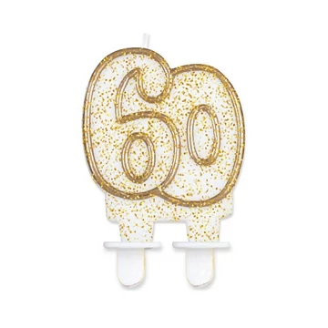 Fehér-arany szegélyes 60. évszámos party tortagyertya