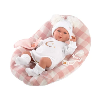 Llorens: Mimi Llorana 42cm-es síró újszülött baba kockás ággyal